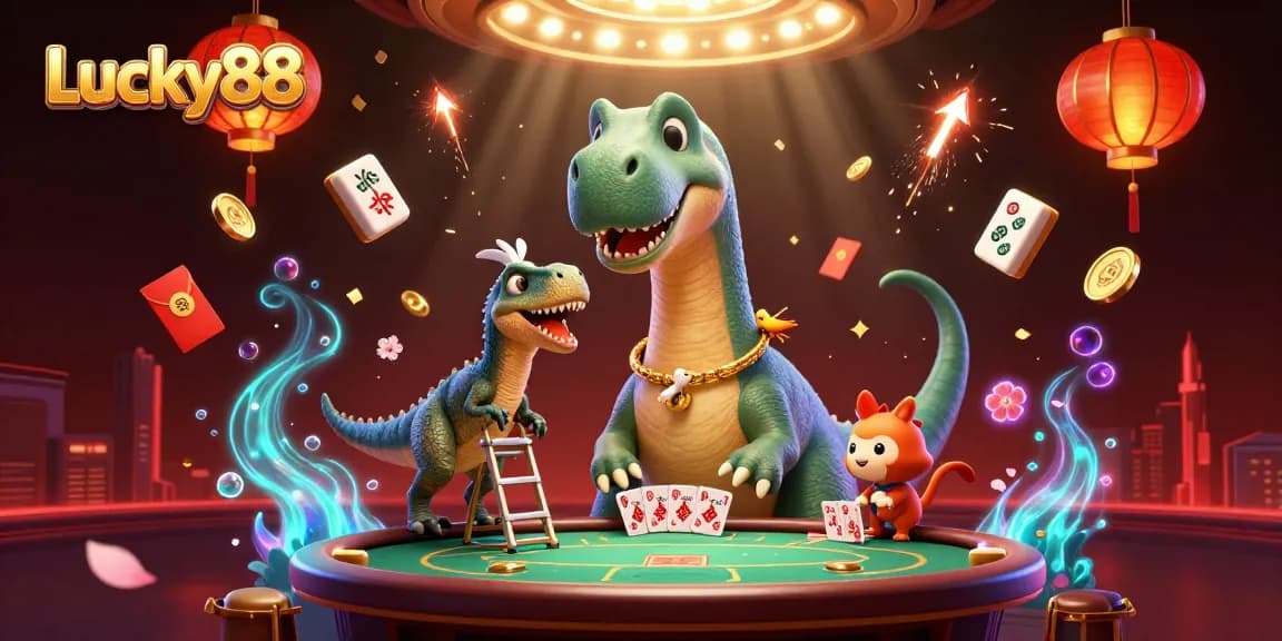Experience the excitement of gambling at Lucky88 with a vibrant 3D brontosaurus and raptor dealer in action.