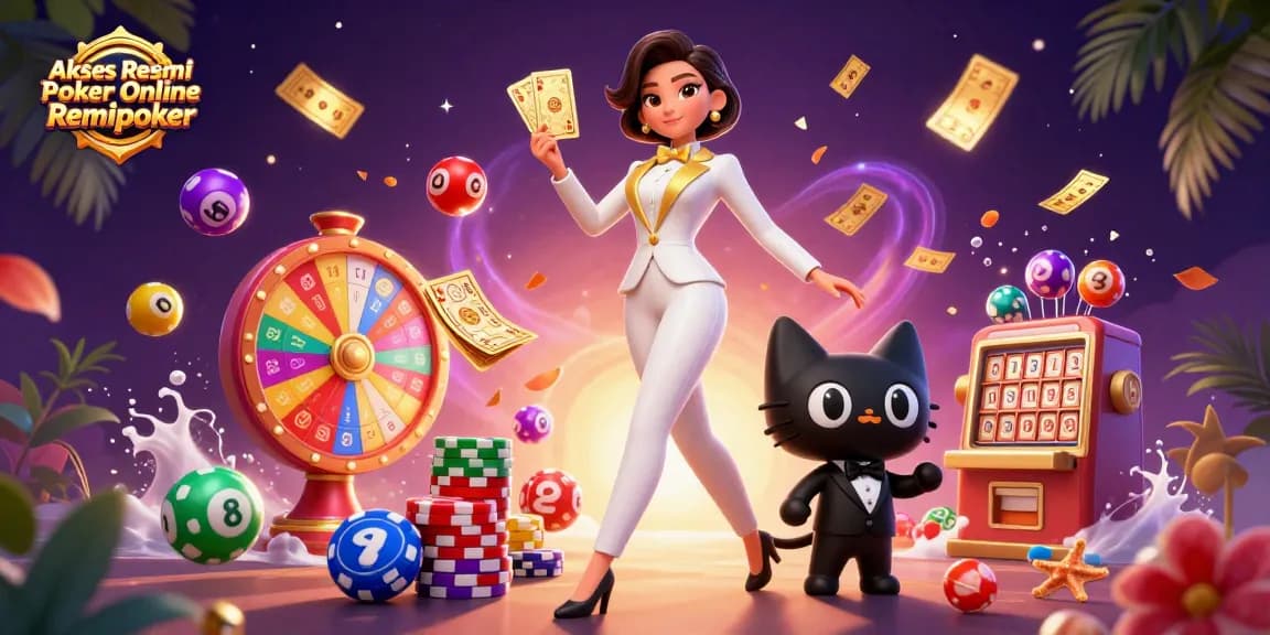 Akses Resmi Poker Online Remipoker showcases dynamic poker action with a glamorous dealer and charming cat.