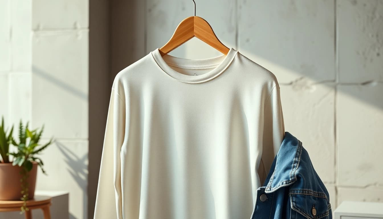 Showcase a cozy blank crewneck hanging elegantly against an urban backdrop, highlighting its versatility.