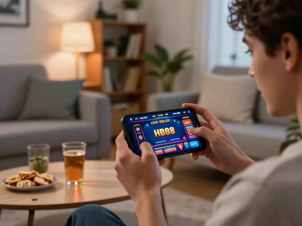 Engaging with the HB88 app for online gaming in a cozy home setting.