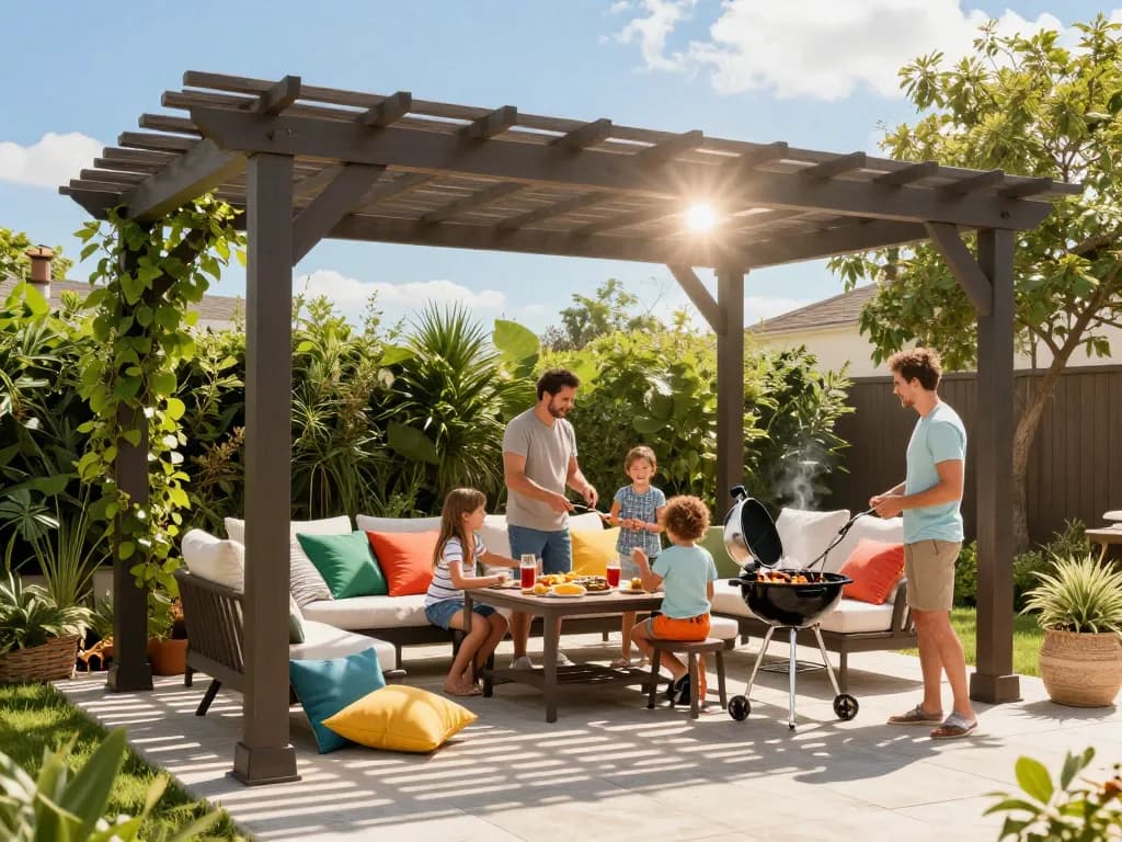 3D pergola configurator showcasing a family enjoying outdoor living with a beautifully designed pergola, lush greenery, and vibrant atmosphere.