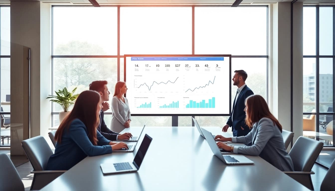 Find competitor pricing strategies with business analytics team brainstorming in a modern office.