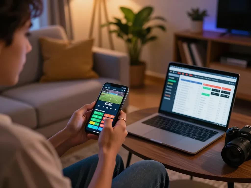 Engaging with tin soi kèo for sports betting while using a smartphone in a cozy home setting.