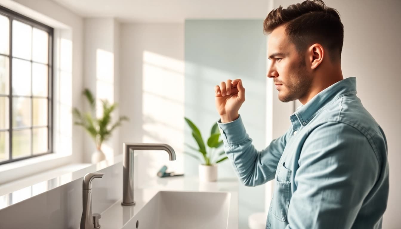 Monteur von sonni sanitär GmbH installiert hochwertige Badezimmerarmaturen in modernem Raum.