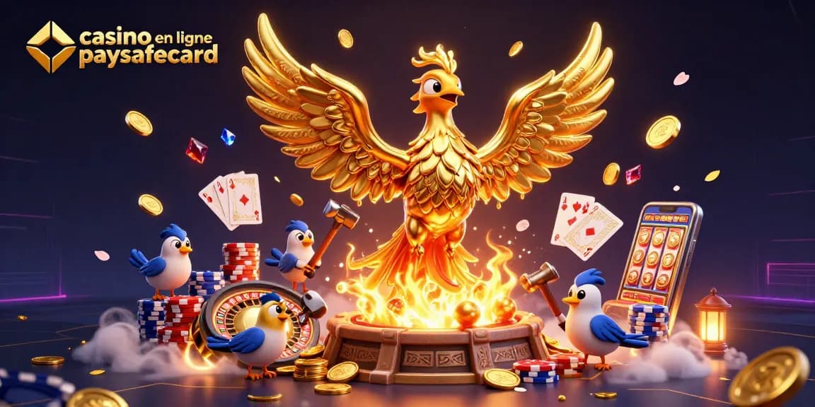 Jouer dans un casino en ligne paysafecard avec un phoenix doré et des éléments de jeu dynamiques.