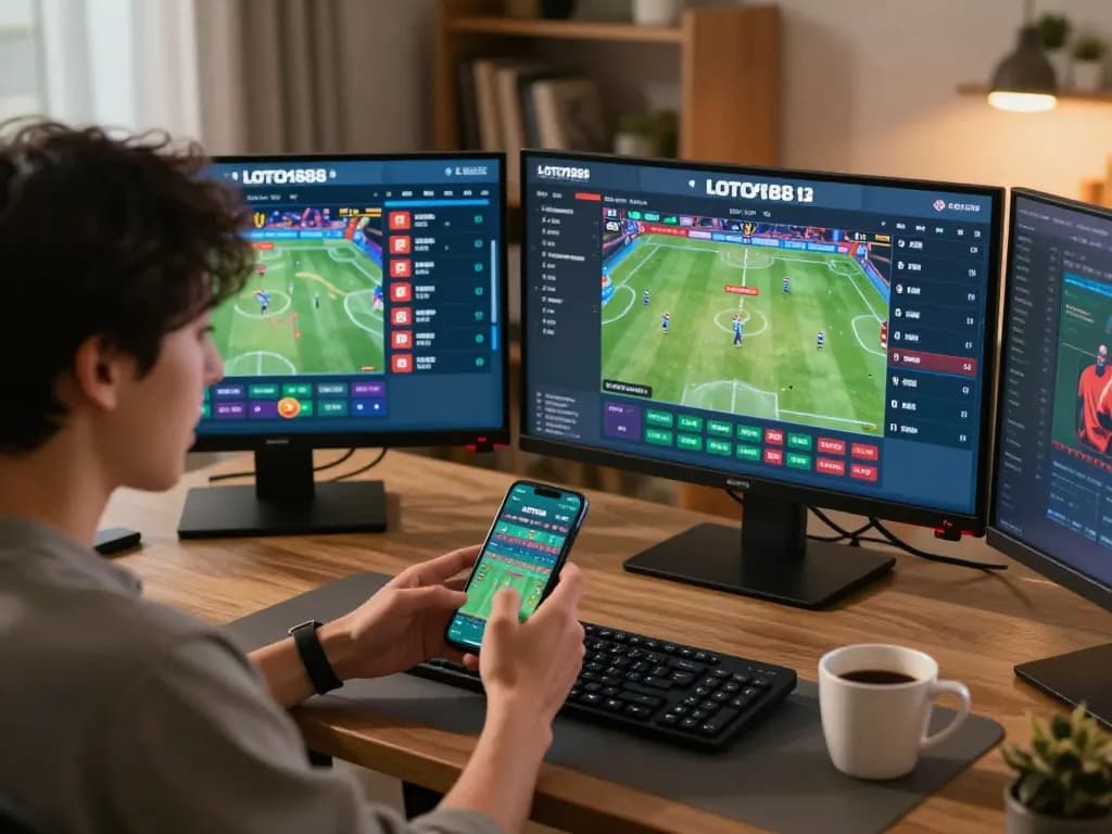 LOTO188 user engaging with live sports betting interface at home, showcasing dynamic betting moments.