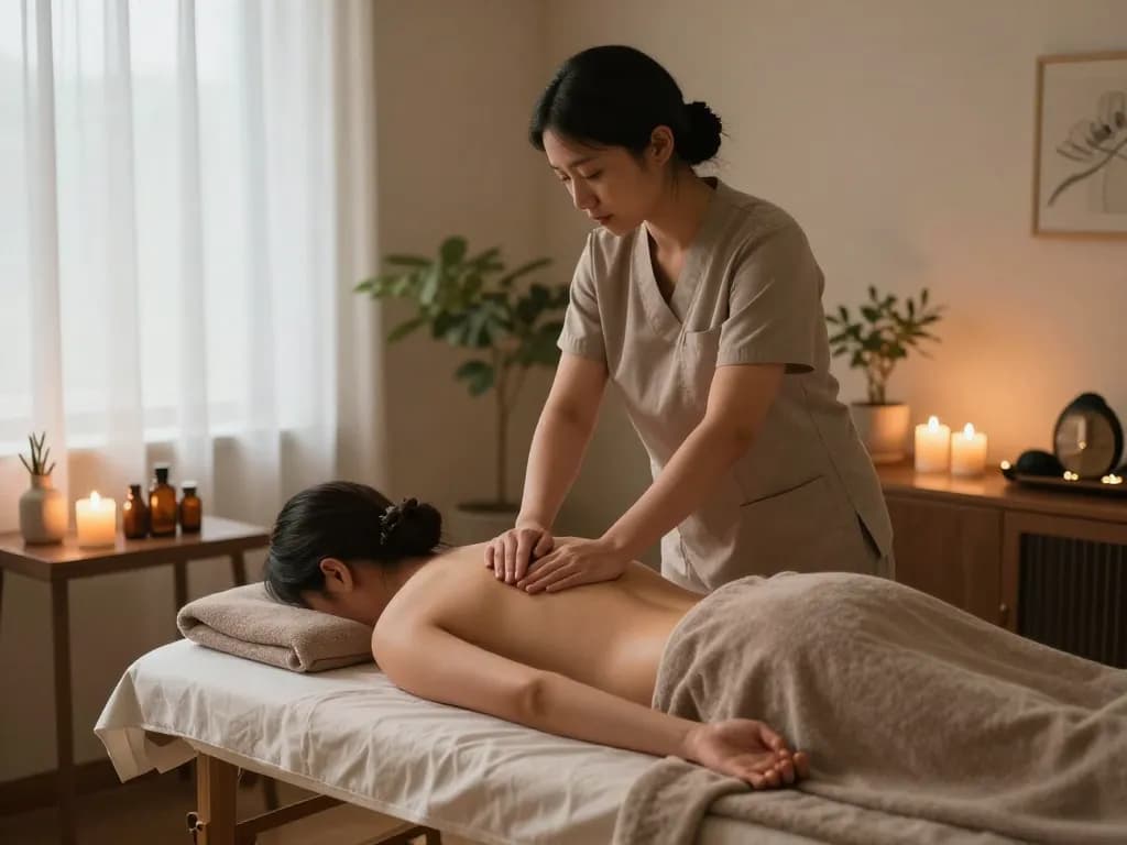 Client receiving a 부전동마사지 in a serene therapy room with calming decor.