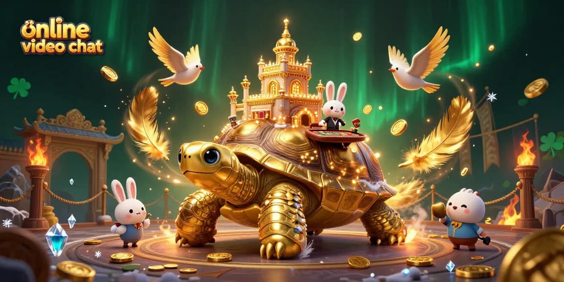 Engage in an online video chat with a vibrant casino scene featuring a turtle and a rabbit dealer.