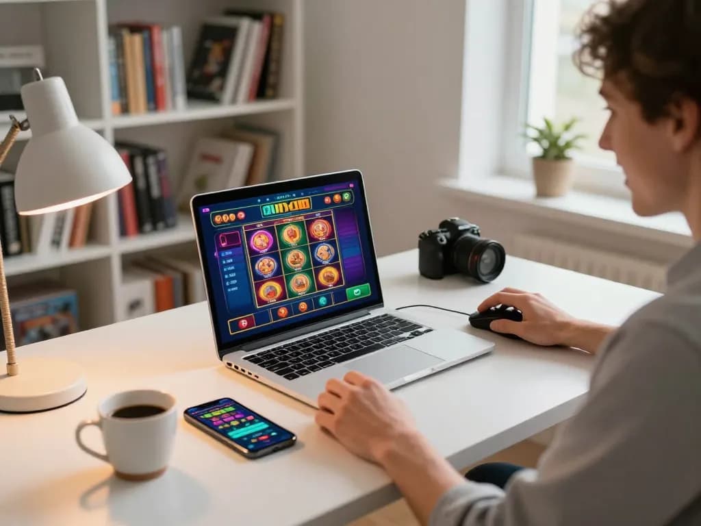 Person excitedly playing casino online americani on a laptop, showcasing vibrant slot game action and mobile app nearby.
