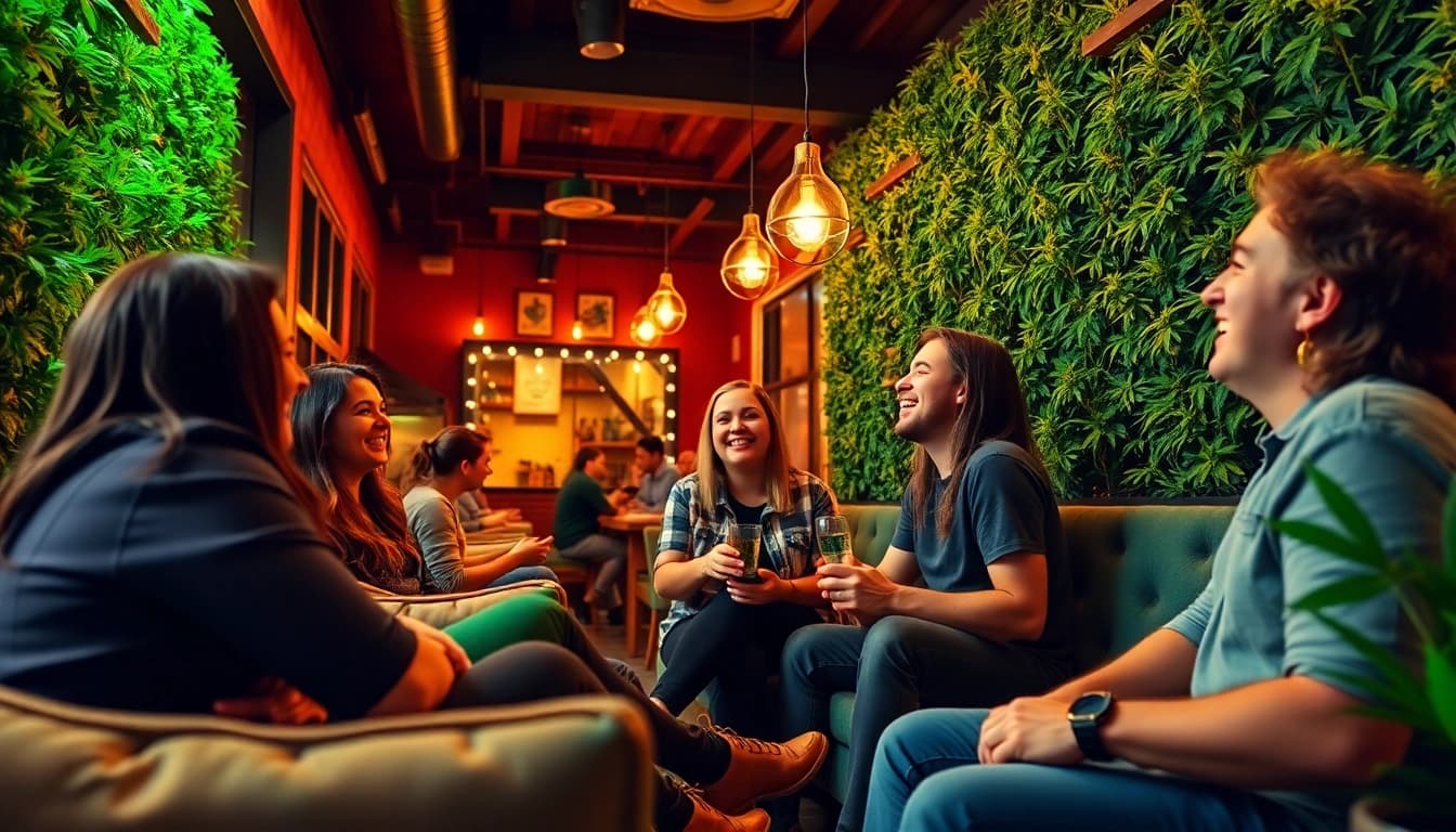 Enjoying a vibrant atmosphere at the Weed Club Lloret De Mar, surrounded by friends and greenery.