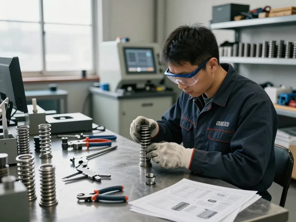 Tehnician asamblând arcuri inox într-un atelier industrial bine iluminat, cu unelte și planuri.