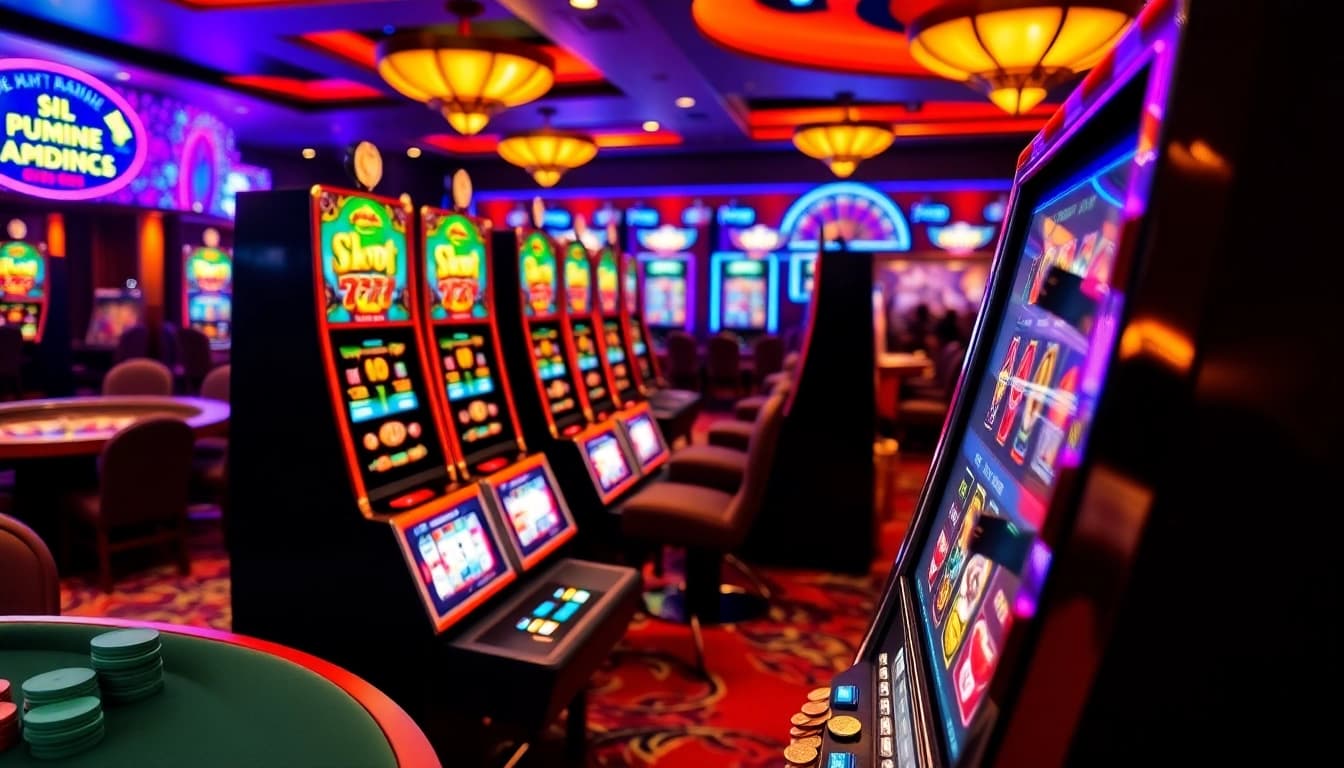 Experience the thrill of Slot777 with vibrant machines and exciting gameplay in this vibrant casino setting.