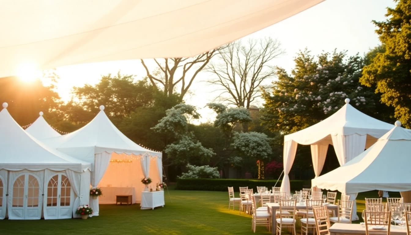 Tent Rentals showcased with elegant arrangements in a beautiful outdoor setting.