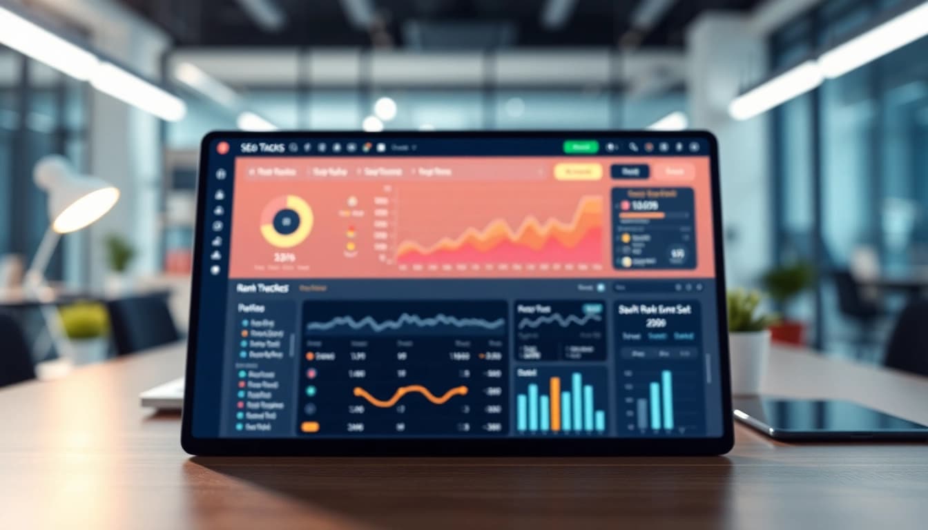 Visual representation of an SEO Rank Tracker with data analysis metrics highlighted.