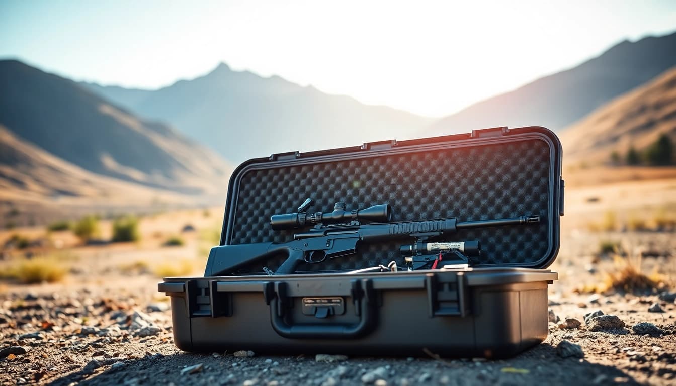 Showcasing the pelican rifle case fully opened to display its interior with a rifle and accessories.