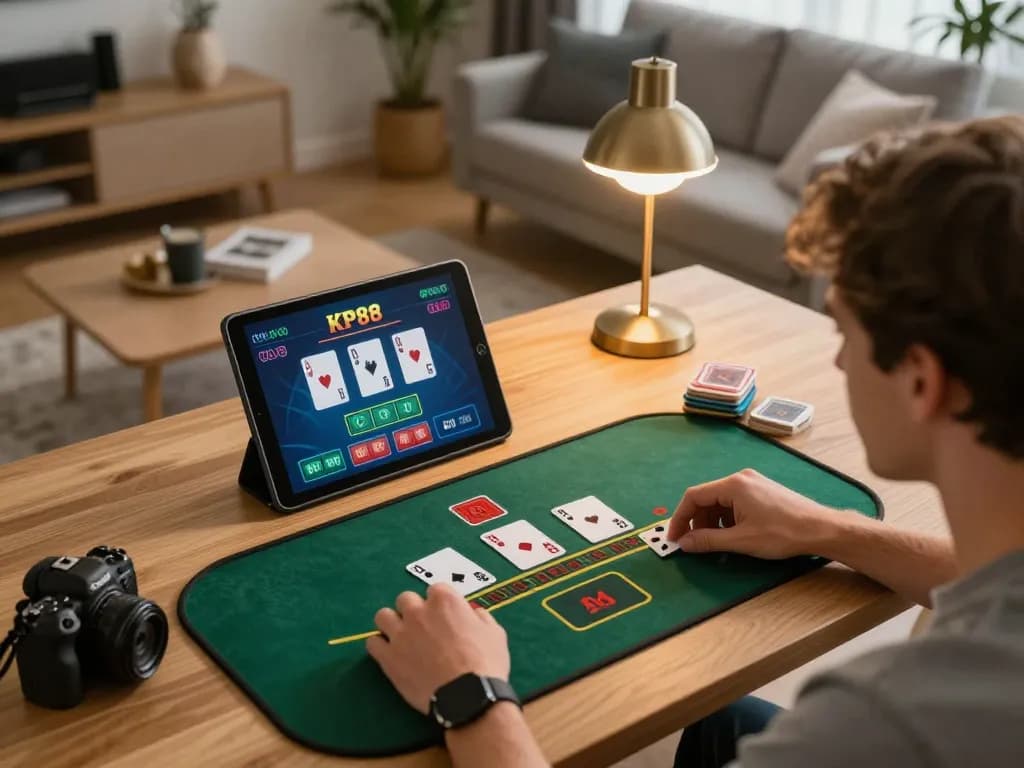 KP88 player enjoying live blackjack in cozy home setting, showcasing engaging online gaming experience.
