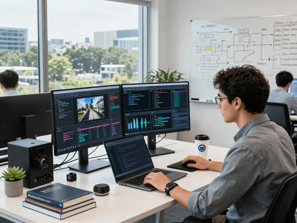 AI image detector in a tech workspace with real-time moderation analytics and coding tools.