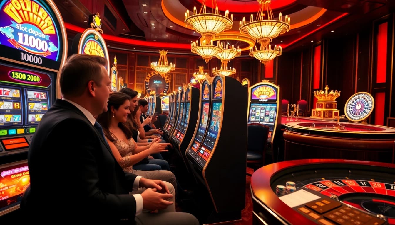 Rasakan sensasi Slot Depo 1000 bersama pemain di mesin slot kasino yang penuh warna.