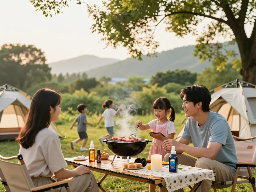 Family enjoying a barbecue outdoors with mosquito repellent sprays for protection.