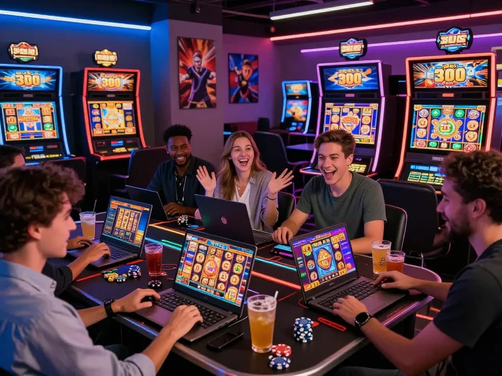 Friends enjoying exciting slot games with a "slot bet 300" interface in a vibrant online casino setting.