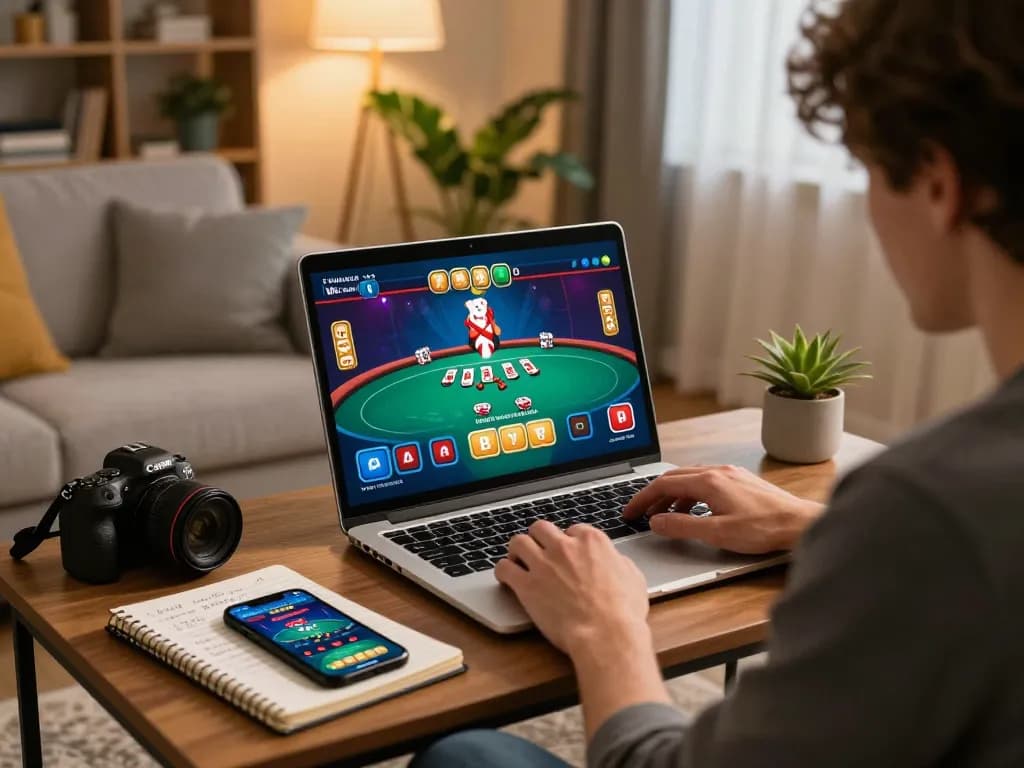 Player engaged with Canada online casinos reddit on laptop, strategy notes spread in welcoming home setting.