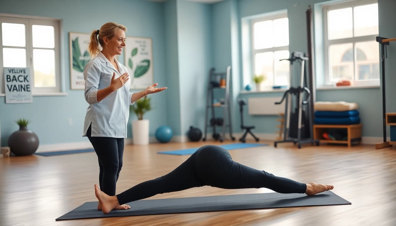 Therapist demonstrating how to relieve back pain naturally through stretching in a bright studio.