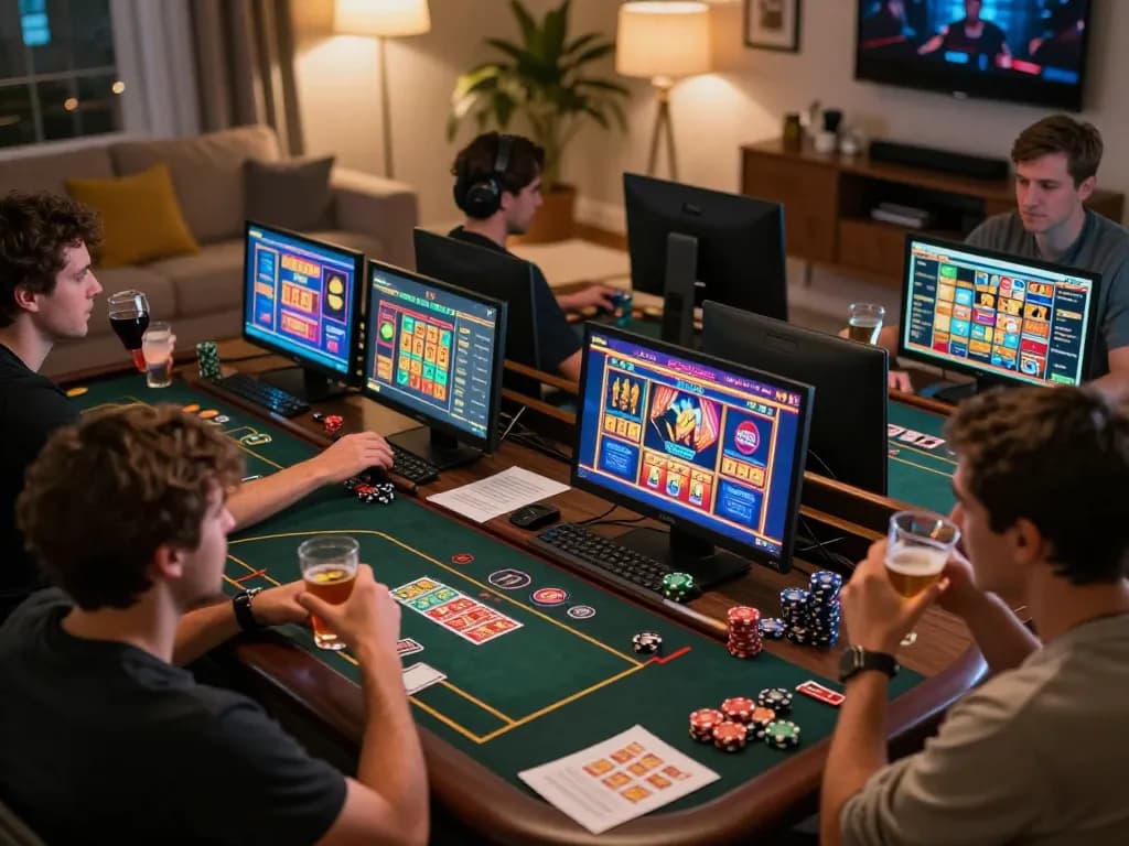 Nohu players engaging in thrilling online casino gaming sessions from home with vibrant screens and cozy atmosphere