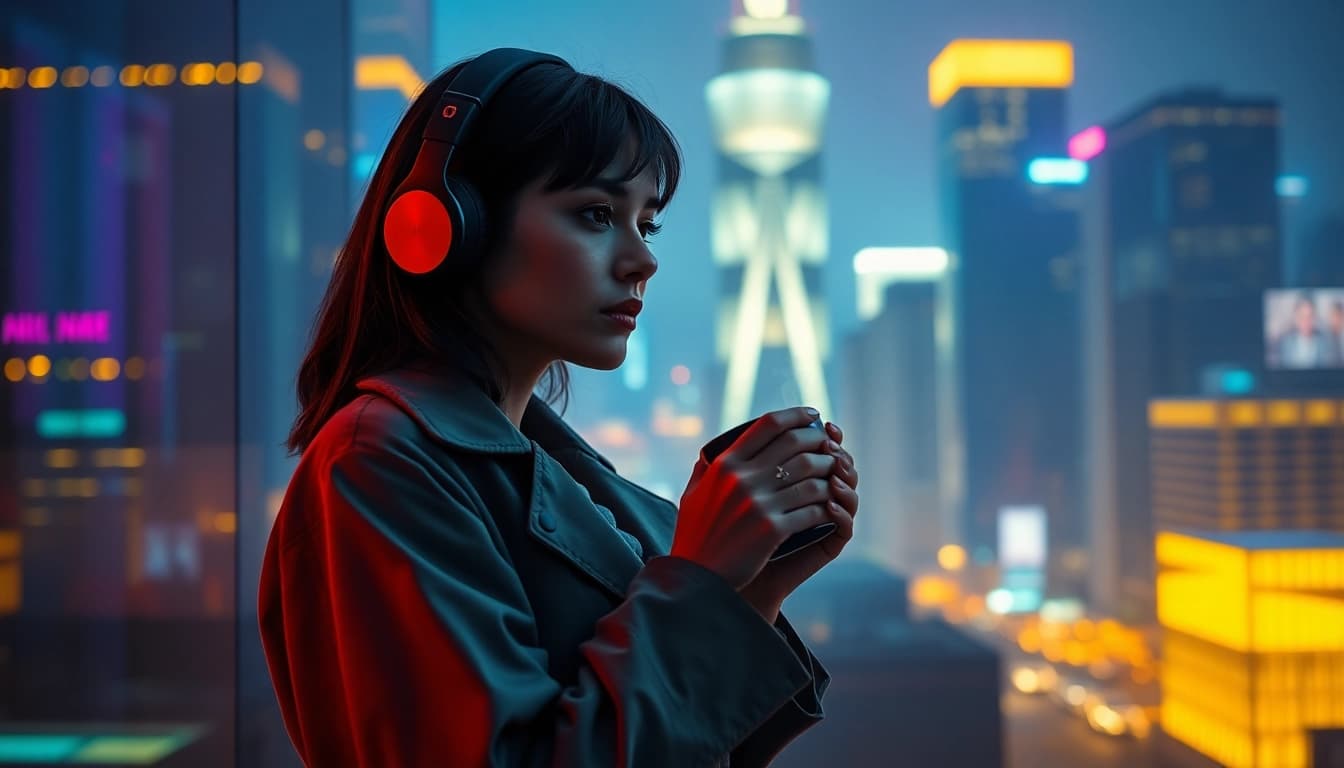 Image to prompt ai: woman with headphones in a cityscape at night