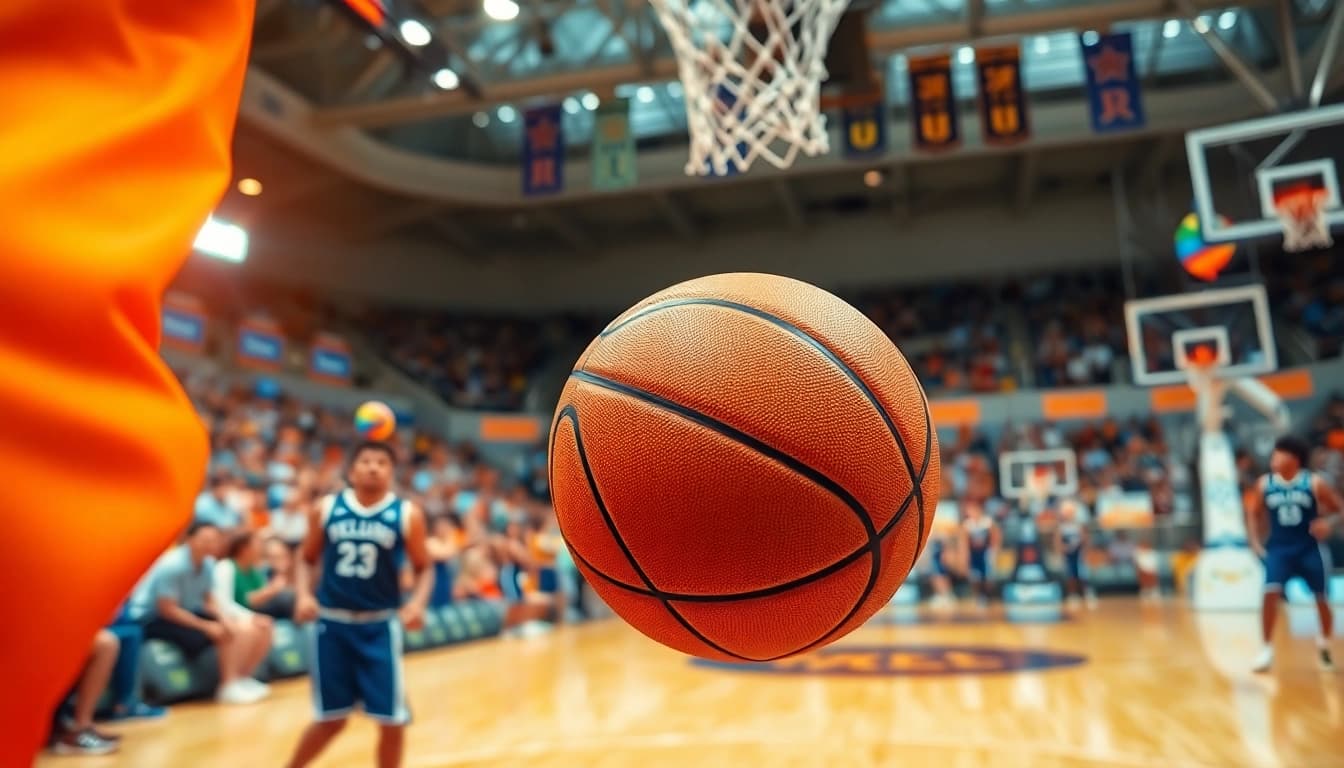 Capture live basketball action with ผลบาสสด scores highlighted in vibrant court setting.