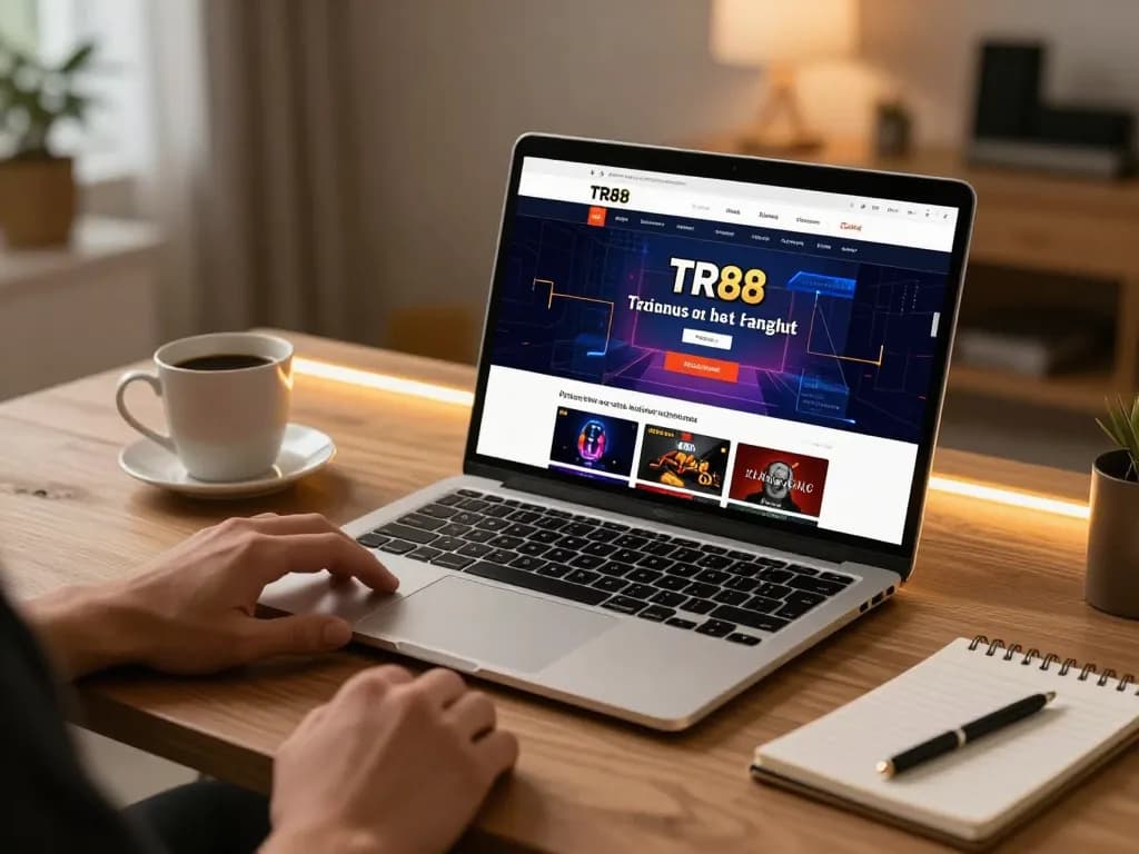 Engaging scene with player accessing tr88 trang chủ via laptop, showcasing online gambling strategies.