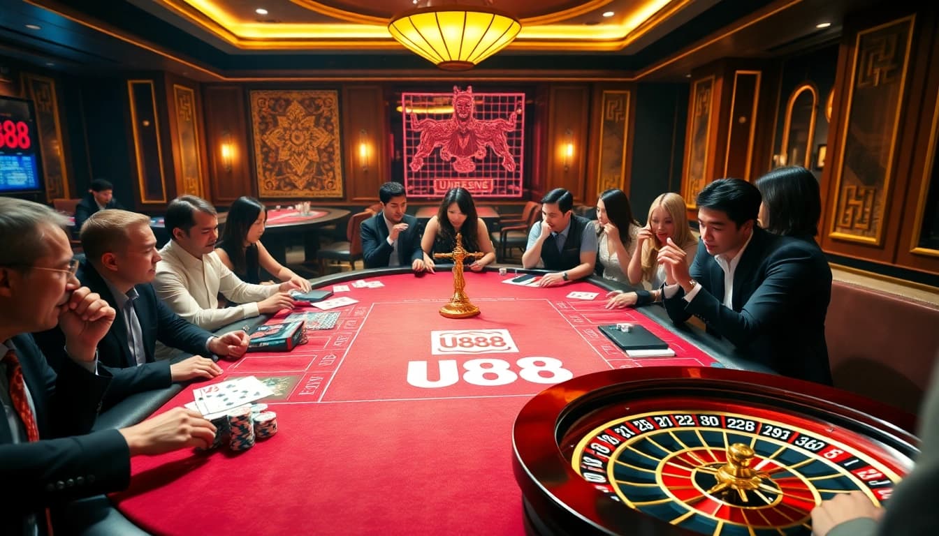 Experience high-stakes gambling at U888's luxurious gaming table with vibrant poker chips and cards.
