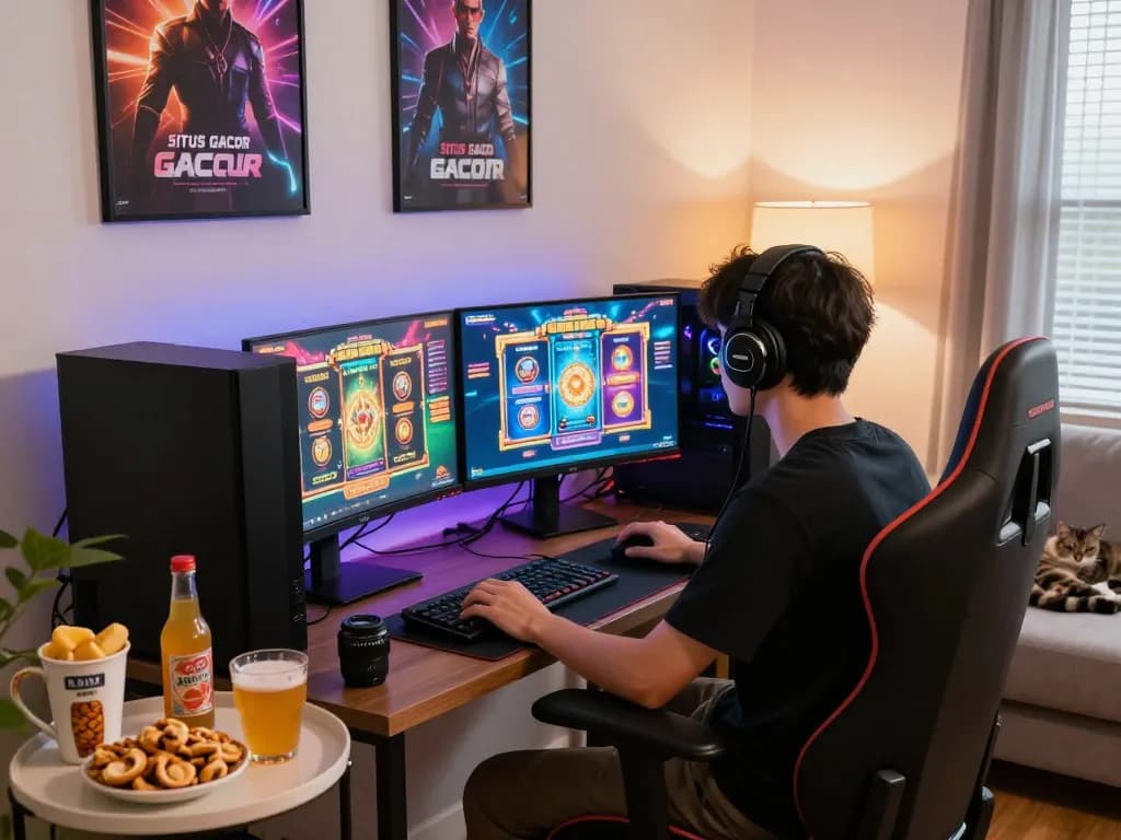 Engaging online gaming environment showcasing situs gacor slot games on dual monitors with ambient lighting.