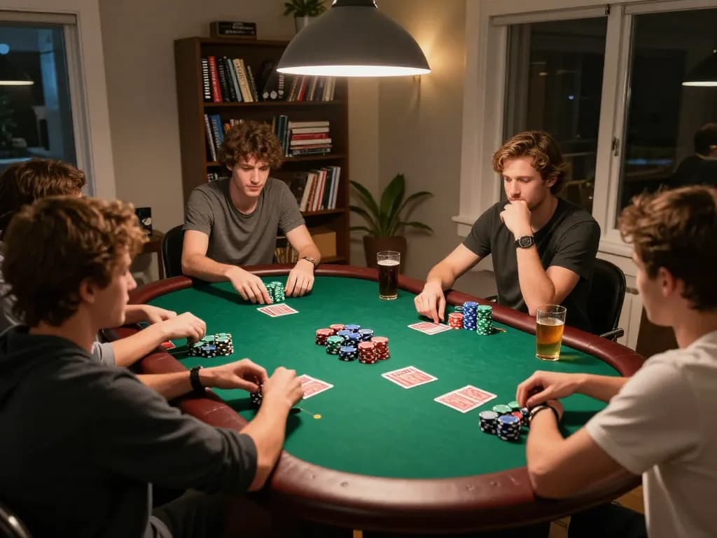 Engaged friends playing poker together in a cozy setting, highlighting slot server jepang gameplay strategies.