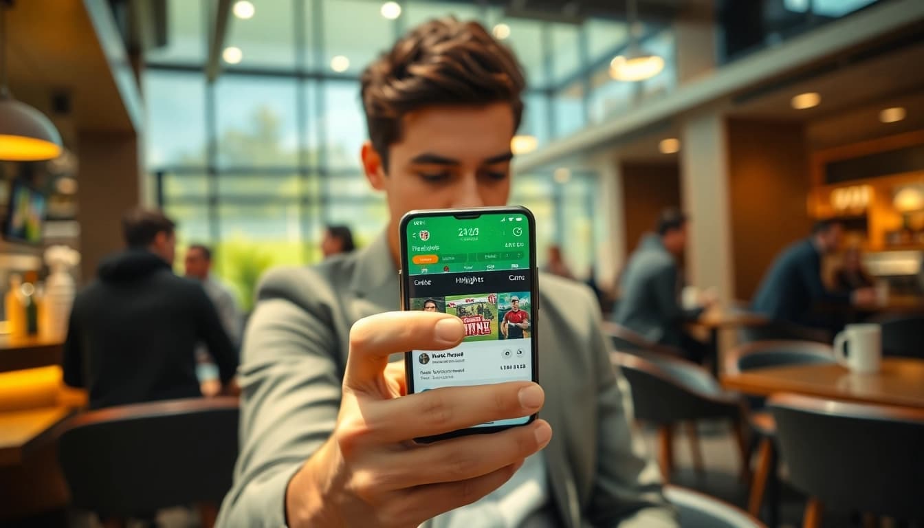 Engage with the best sports betting apps India through a user-friendly mobile interface in a vibrant café.