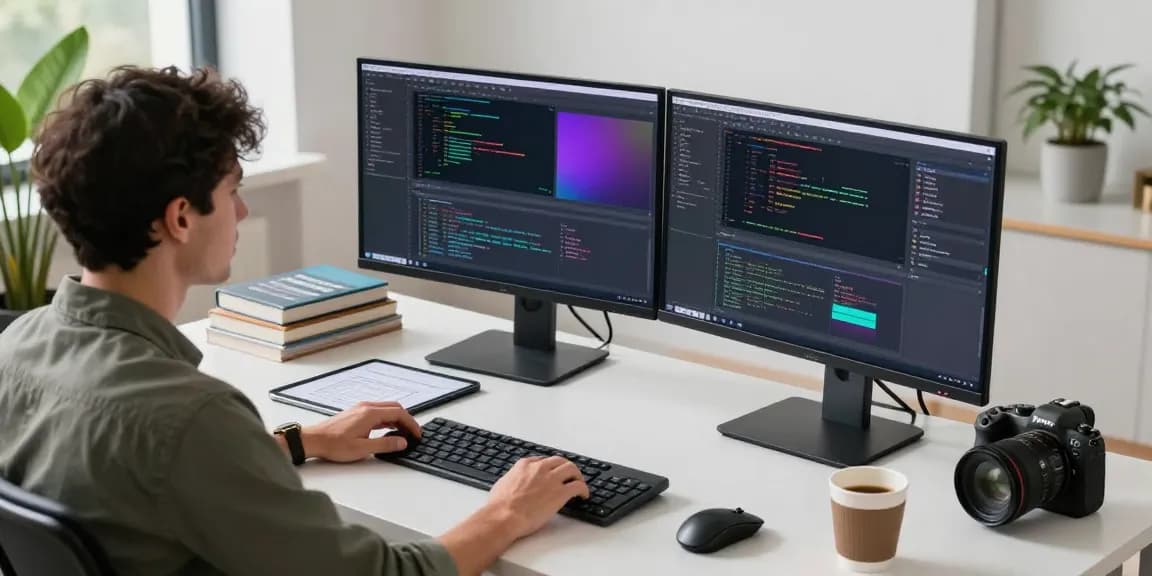 Tech workspace with coding screens and developer focusing on WhatsApp下載.