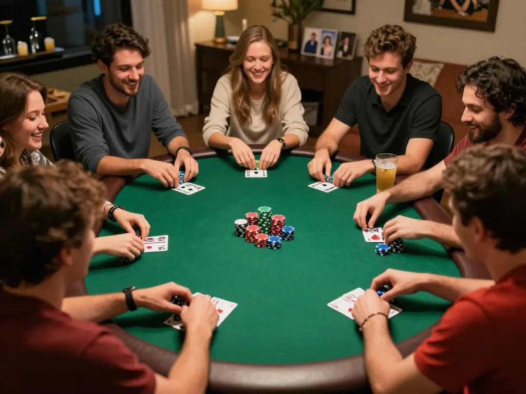 DABET players enjoying friendly poker night with vibrant chips and warm lighting, showcasing strategic gameplay