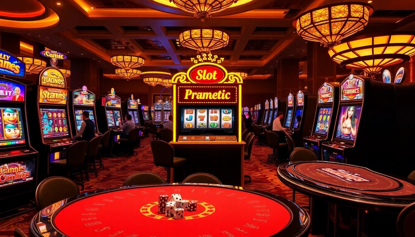 Players enjoying the excitement of 'slot pragmatic' machines in a high-end casino atmosphere, highlighting vibrant graphics and thrilling jackpots.
