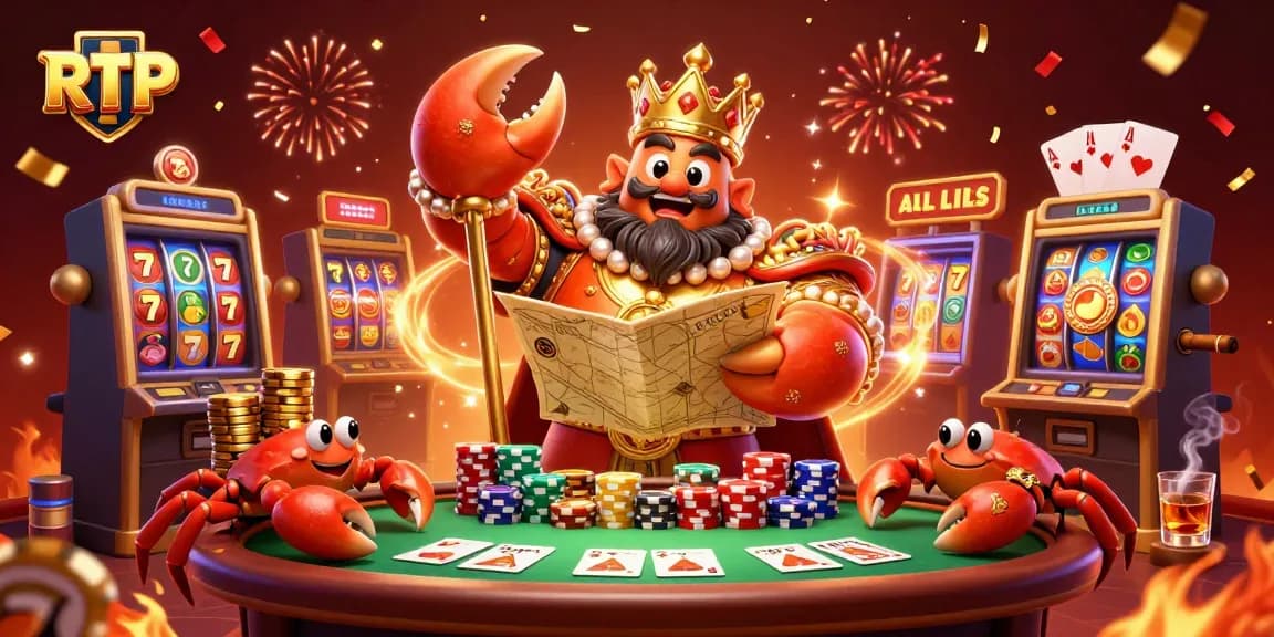 Experience RTP dynamics in an engaging casino scene featuring a golden crab emperor and slot symbols