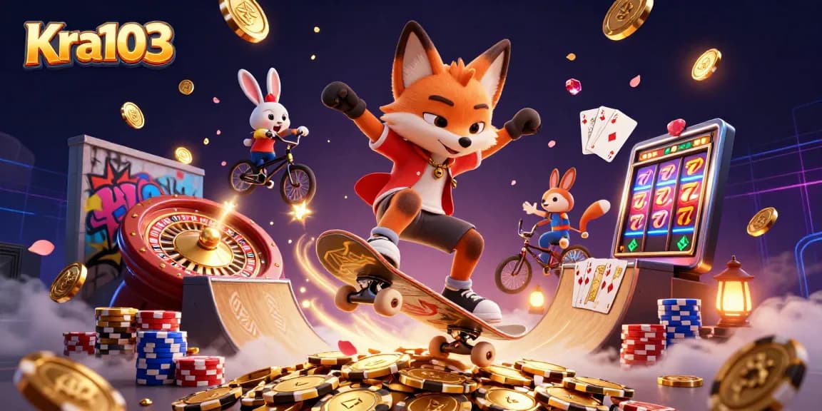 Kra103 captures an exciting casino scene with a skateboarder fox and BMX rabbit amidst rich gaming elements