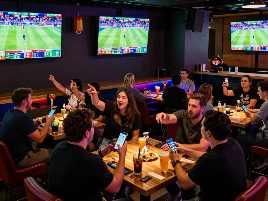 Patrons actively placing bets at W 88 during a live sports event, showcasing excitement and engagement.
