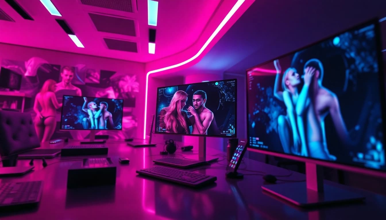 Explore a high-tech workspace showcasing innovative nsfw ai platforms with captivating AI-generated art.