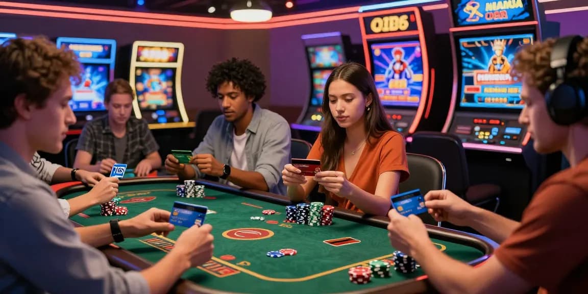Players engaging with credit card casinos, enjoying seamless gaming experiences with Visa and Mastercard in a lively digital environment.