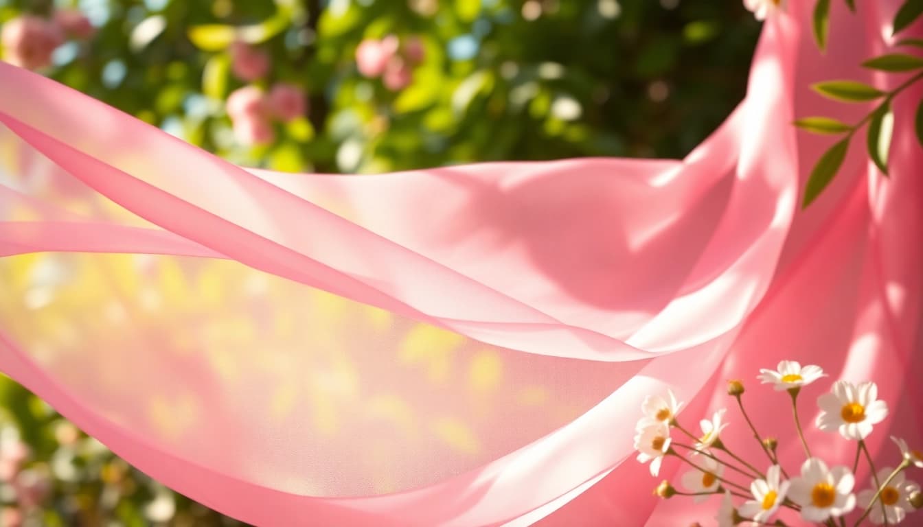 Chiffon stof die zachtjes beweegt in een serene tuinomgeving, met delicate textuur en levendige kleuren.