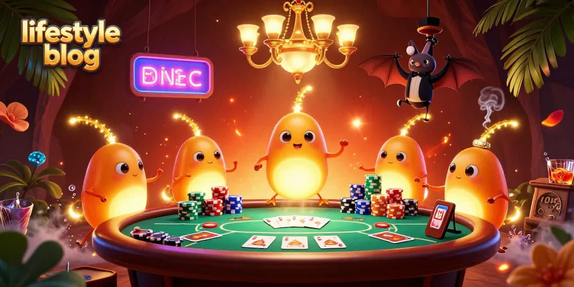 Colorful casino scene featuring glowworms and a bat dealer, ideal for a lifestyle blog.