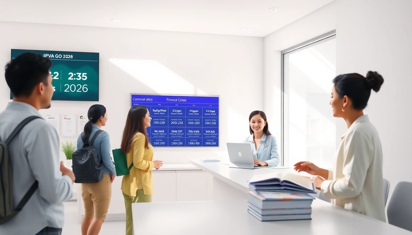 Engaging scene of community members paying IPVA GO 2026 at a modern government office.