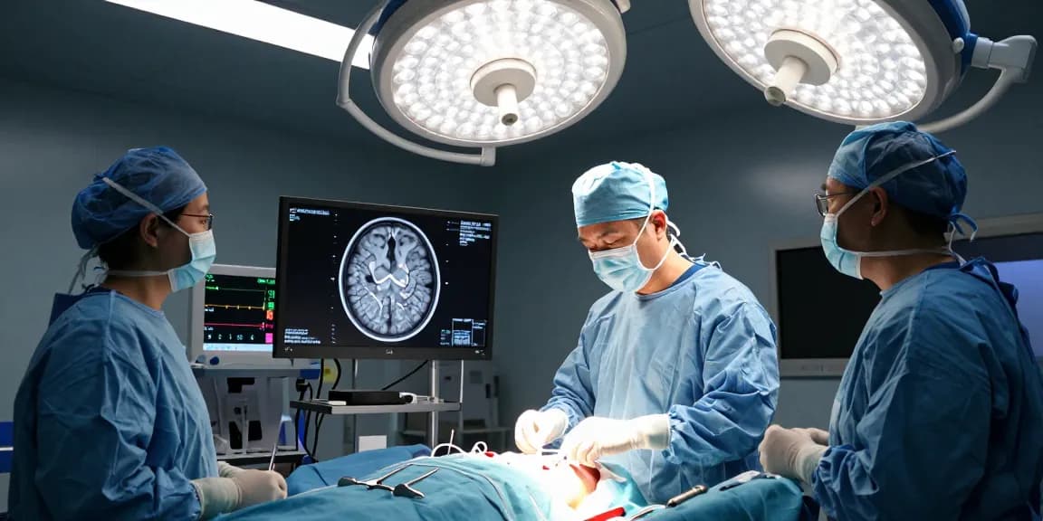 Neurosurgeons performing a beyin ameliyatı in a modern surgical theater, showcasing teamwork and precision.