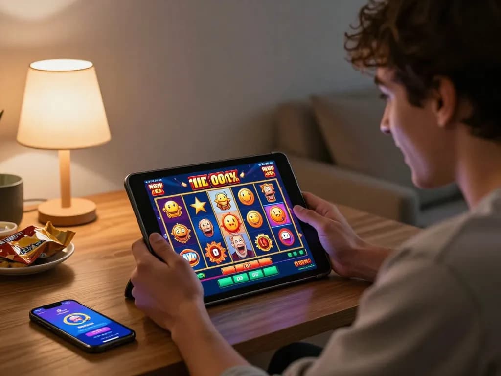 Player celebrating a win with slot bonus new member 100% displayed on tablet screen.