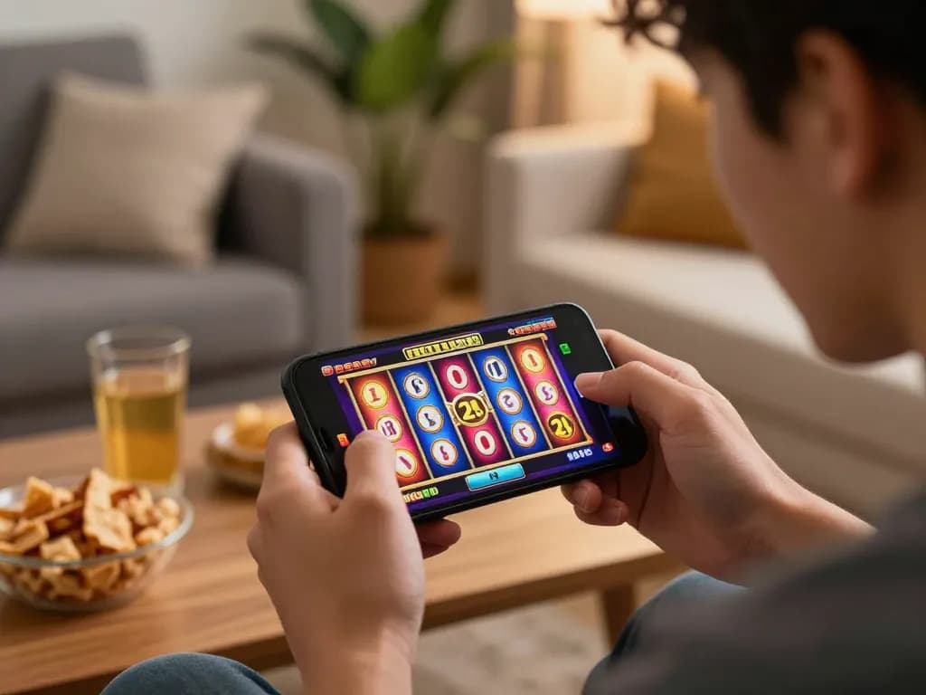 Engaging gameplay on smartphone for link slot777 in a cozy home setting with snacks.
