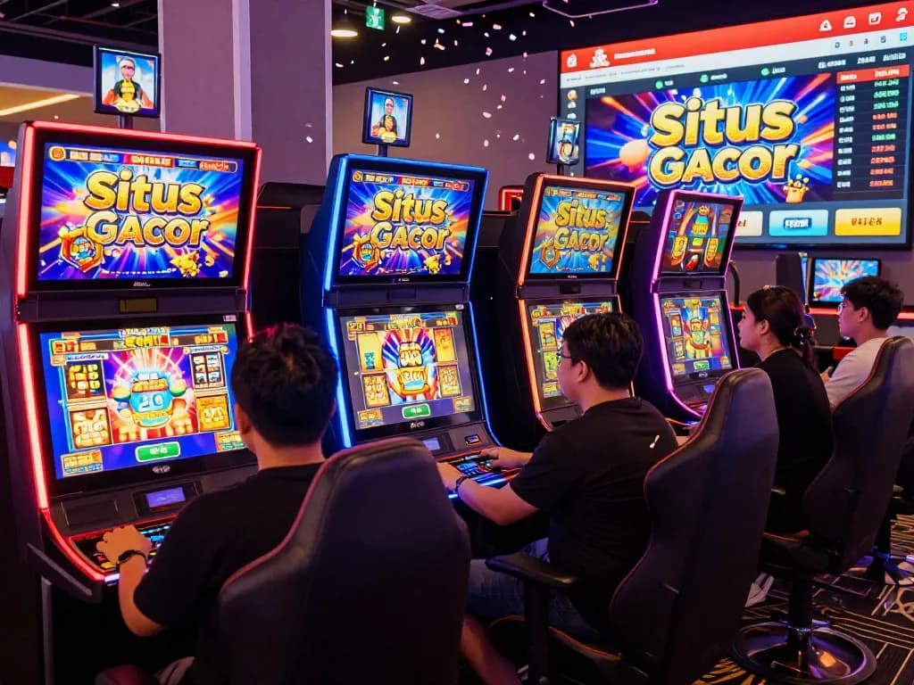 Pemain yang terlibat di kasino online yang ramai menampilkan permainan slot situs gacor dengan suasana meriah.