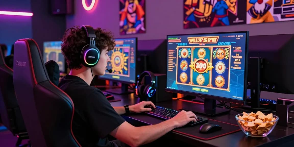 Player immersed in slot depo 5000 game on computer with vibrant graphics.